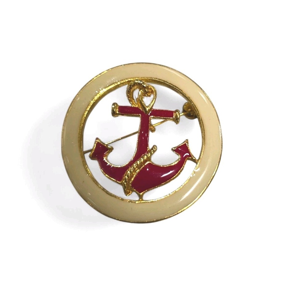 Vintage Red Enamel Gold Tone Anchor Brooch Pin